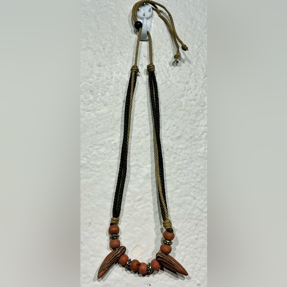 Vintage Jewelry - Vintage Natural Tone Beaded Necklace with Adjustable Knotted Cord Closure